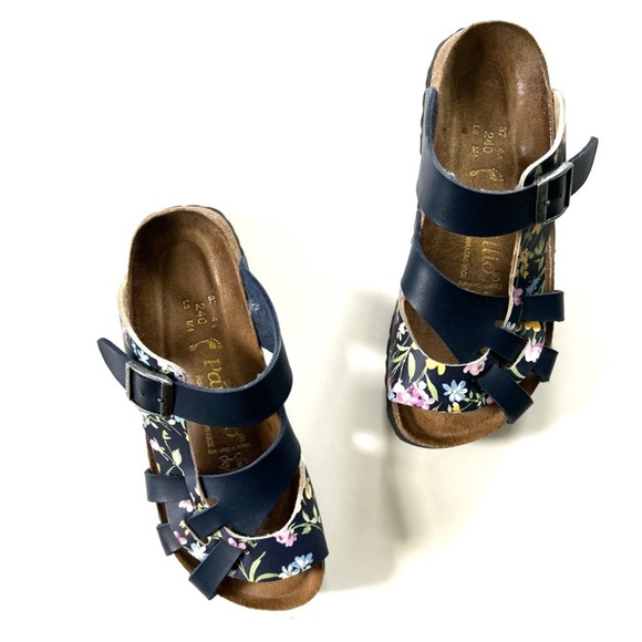 Papillio Birkenstock Pisa Navy Floral Print Leather Strappy Footbed Sandals - Picture 3 of 8